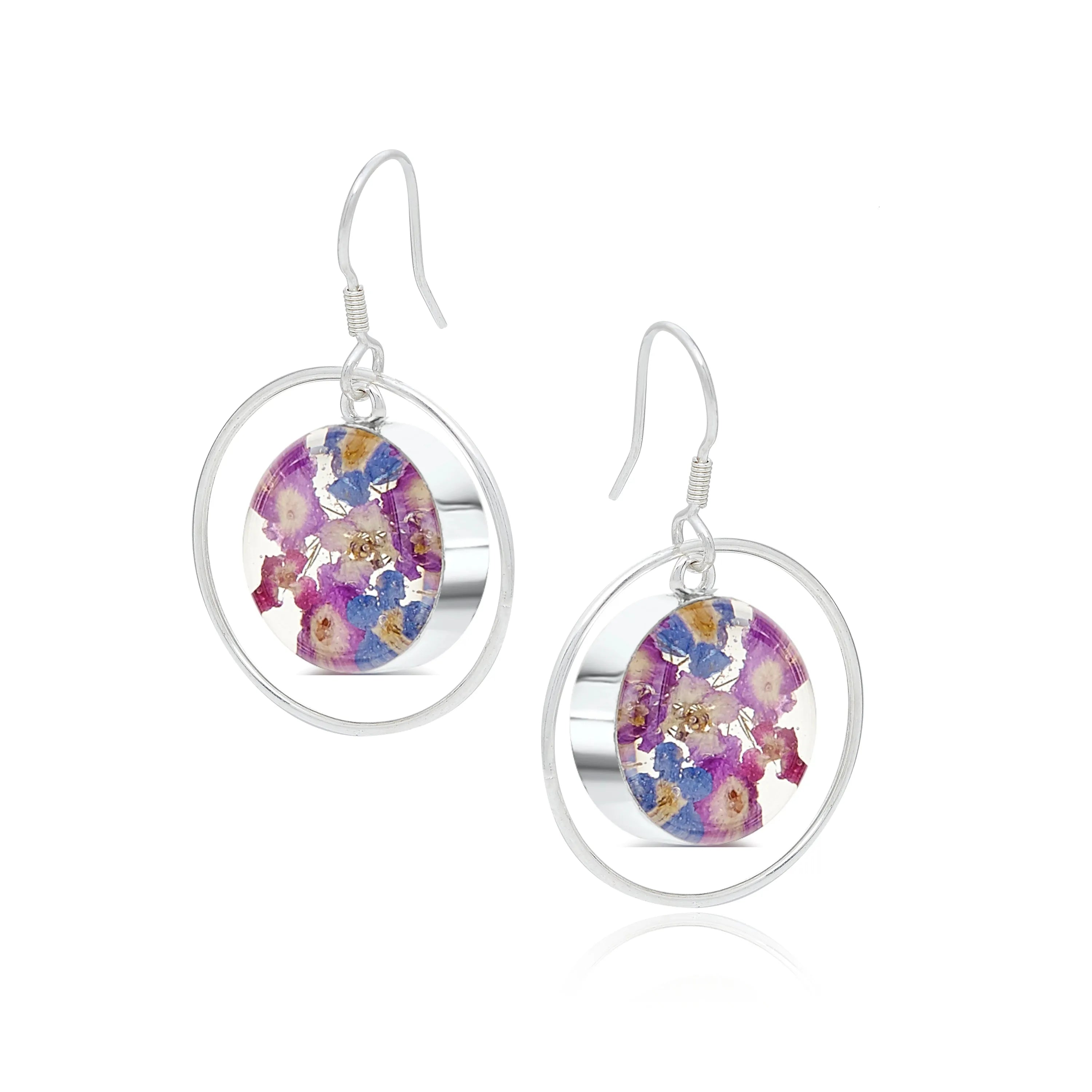 Pendientes de aro con flor auténtica de plata de ley – Colección Purple Haze