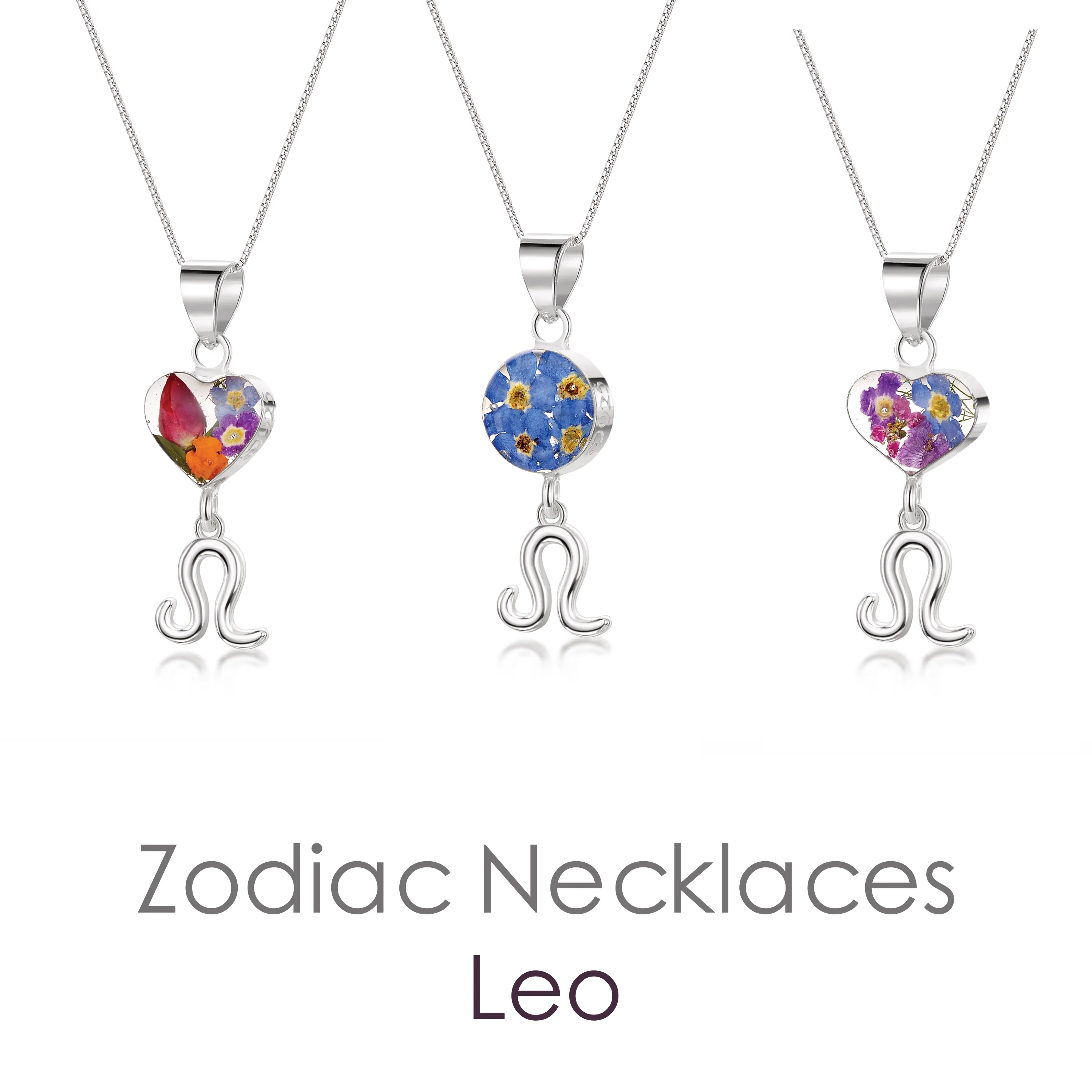 Collar Leo - Colgante de plata de primera ley con flores reales y un dije del zodíaco. Mas opciones...