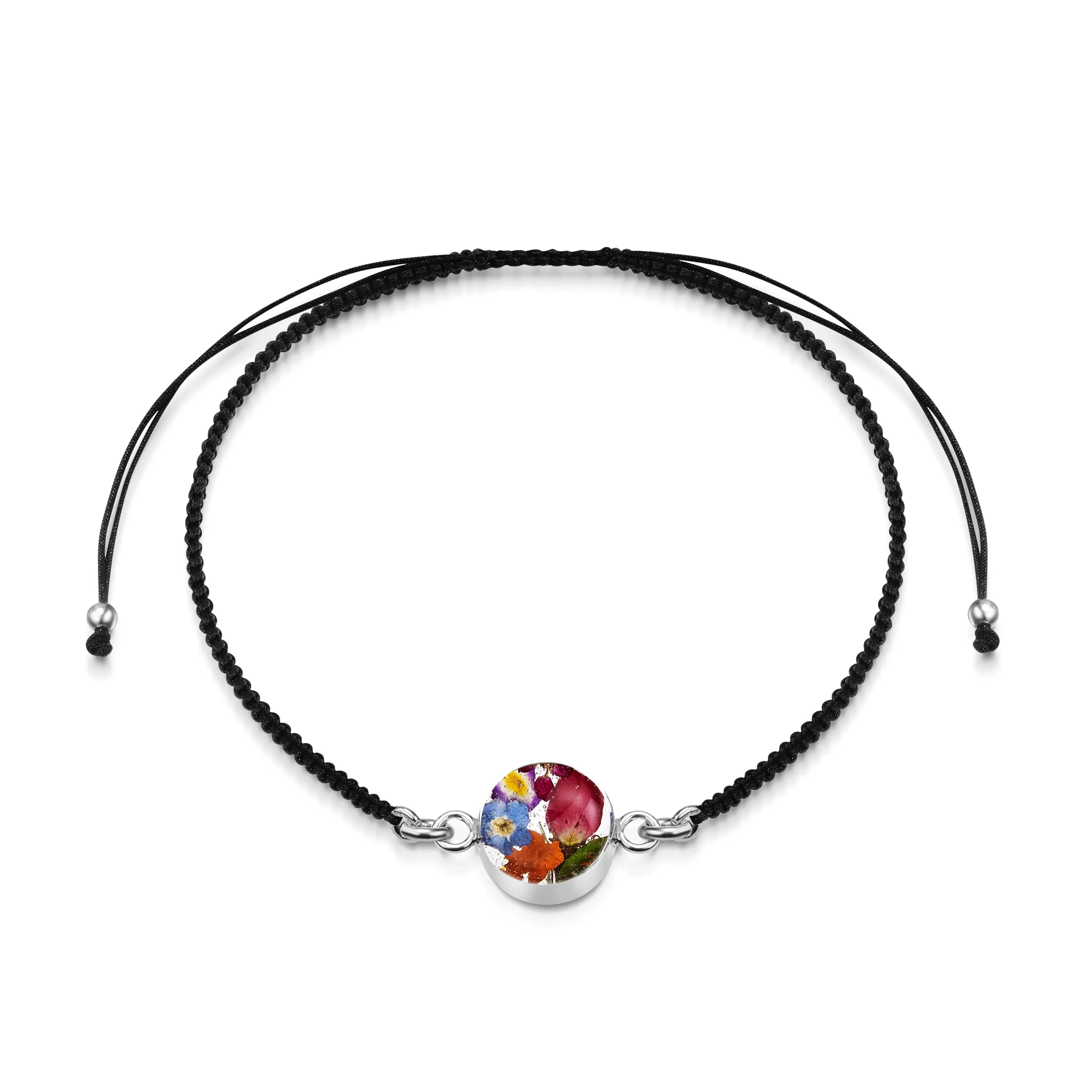 سوار من الفضة الإسترلينية السوداء المنسوجة مع تعويذة زهرة - زهرة مختلطة - دائري