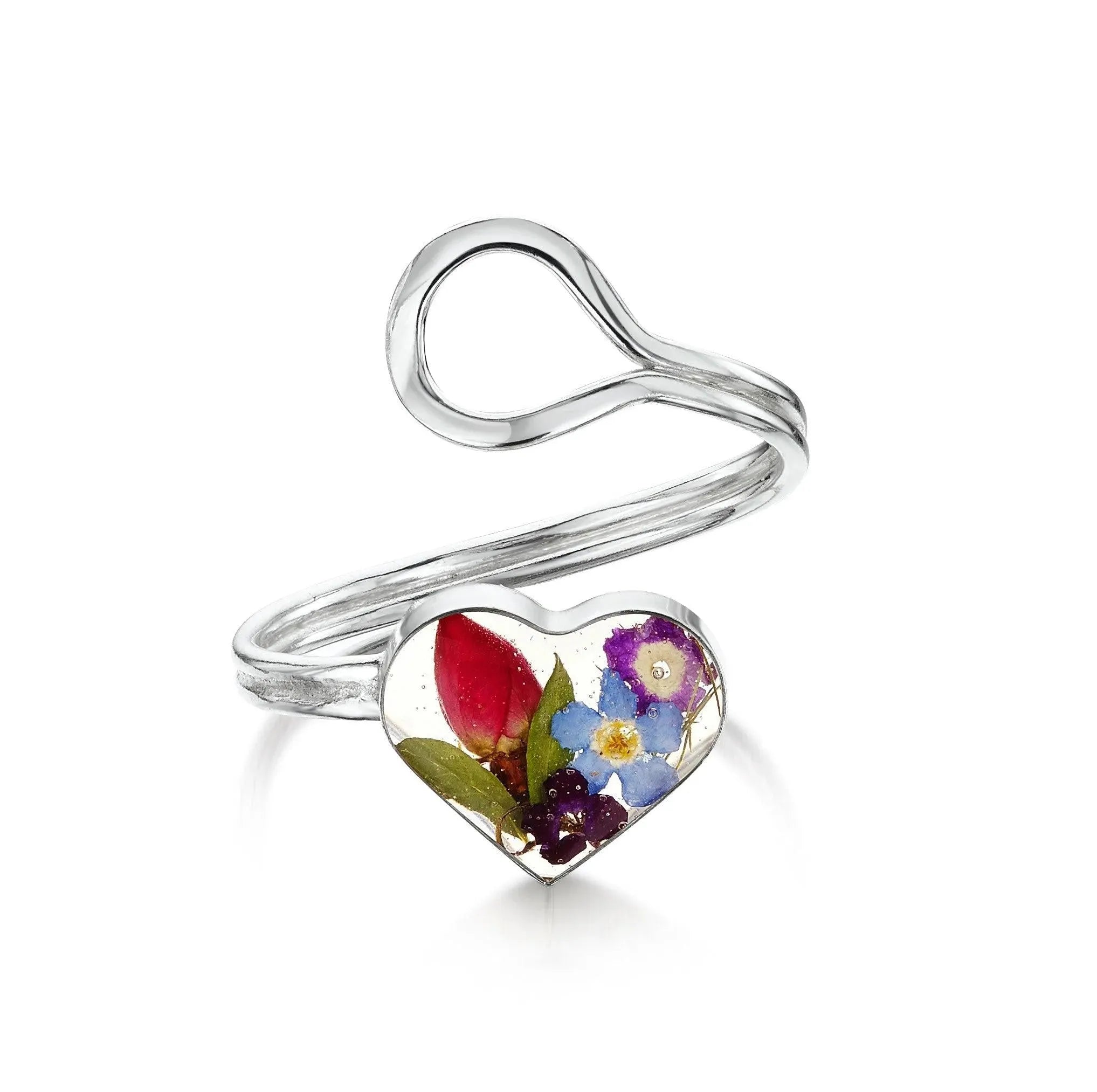 Flower ring by Shrieking Violet® Sterling silver adjustable size ring with rose, forget-me not real flowers. Ideal fashion gift for wifes birthday.