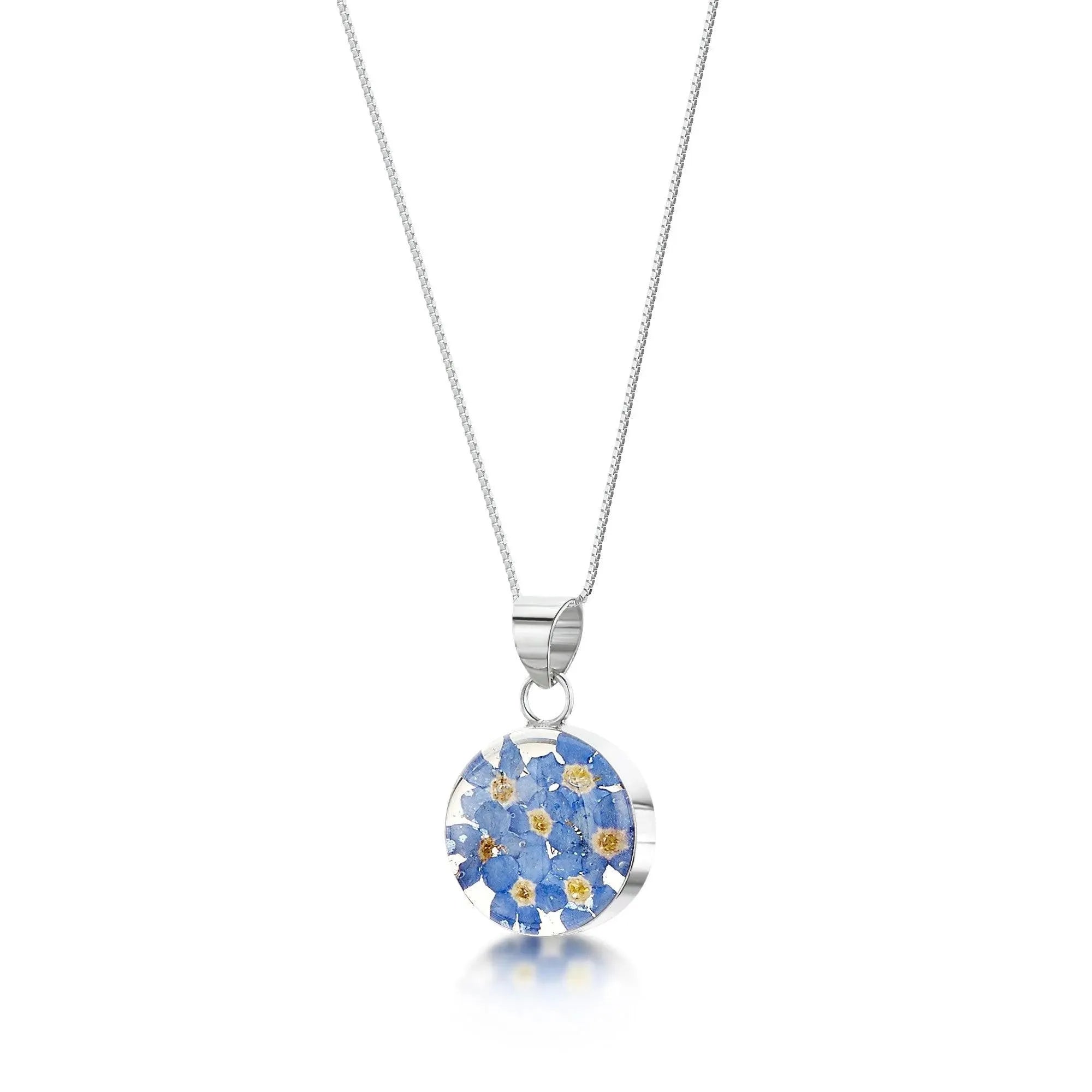 Forget-me-not necklace by Shrieking Violet® Sterling silver round pendant with real forget-me-nots. Perfect for Mothers day or bridesmaid jewellery.
