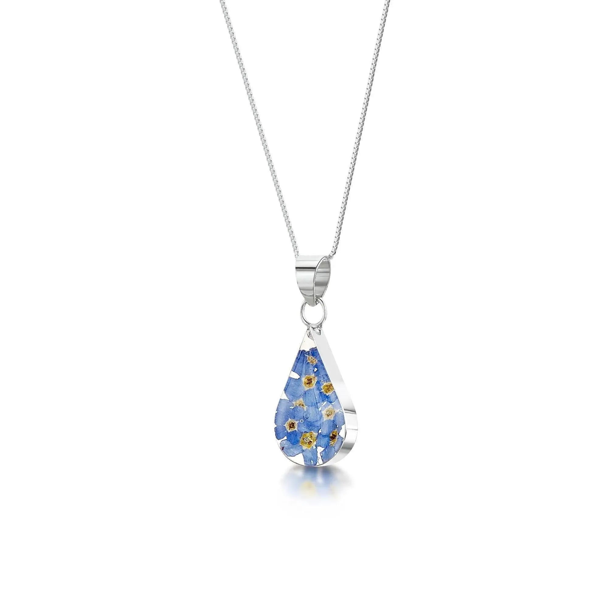 Forget-me-not necklace by Shrieking Violet® Sterling silver teardrop pendant with real forget-me-nots. Ideal for Mothers day or bridesmaid jewellery.
