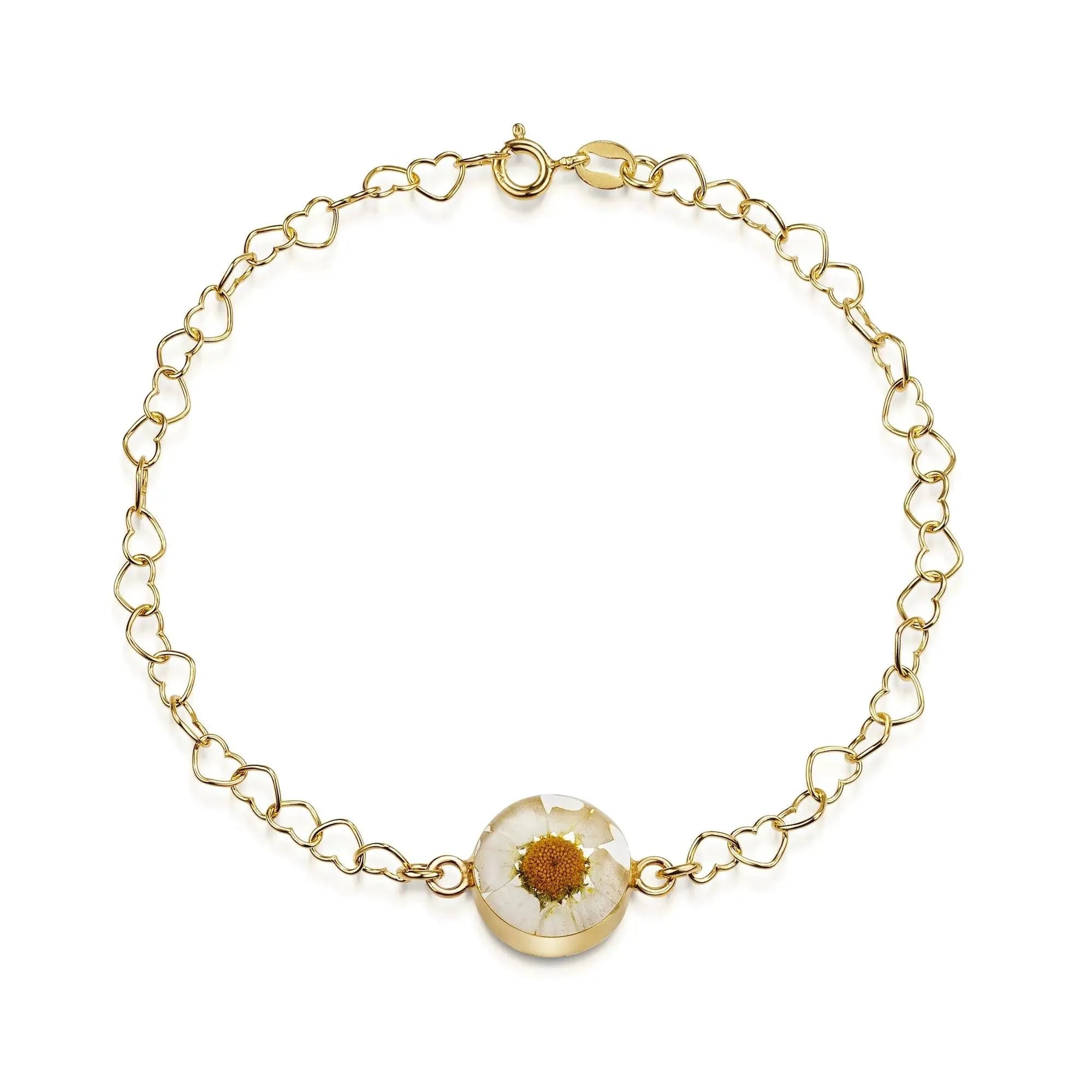 Gold plated Heart linked chain bracelet with flower charm - Daisy - Round