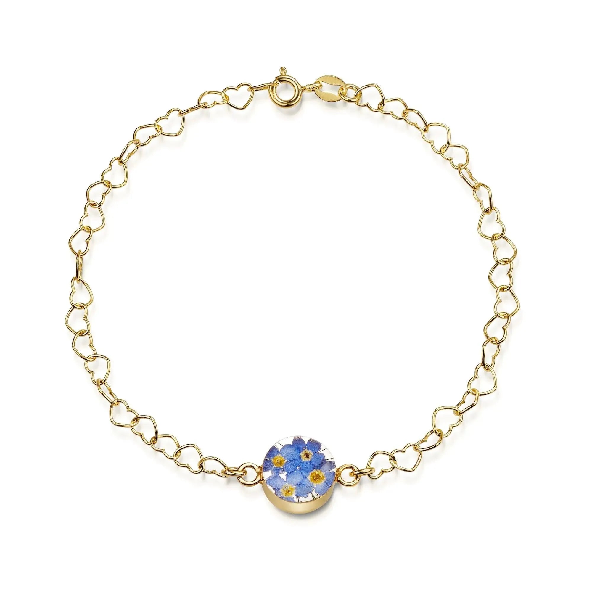 Gold plated Heart linked chain bracelet with flower charm - Forget-me-not - Round