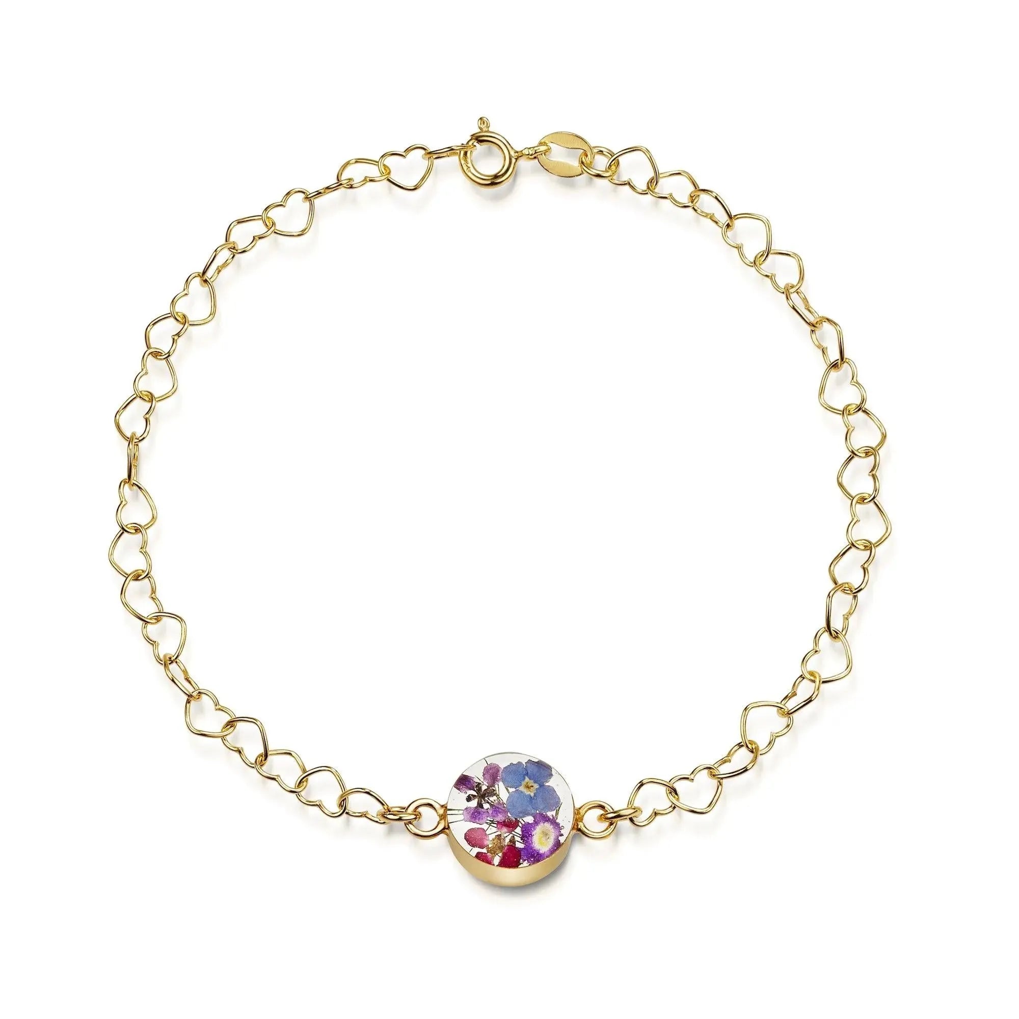 Gold plated Heart linked chain bracelet with flower charm - Purple Haze - Round