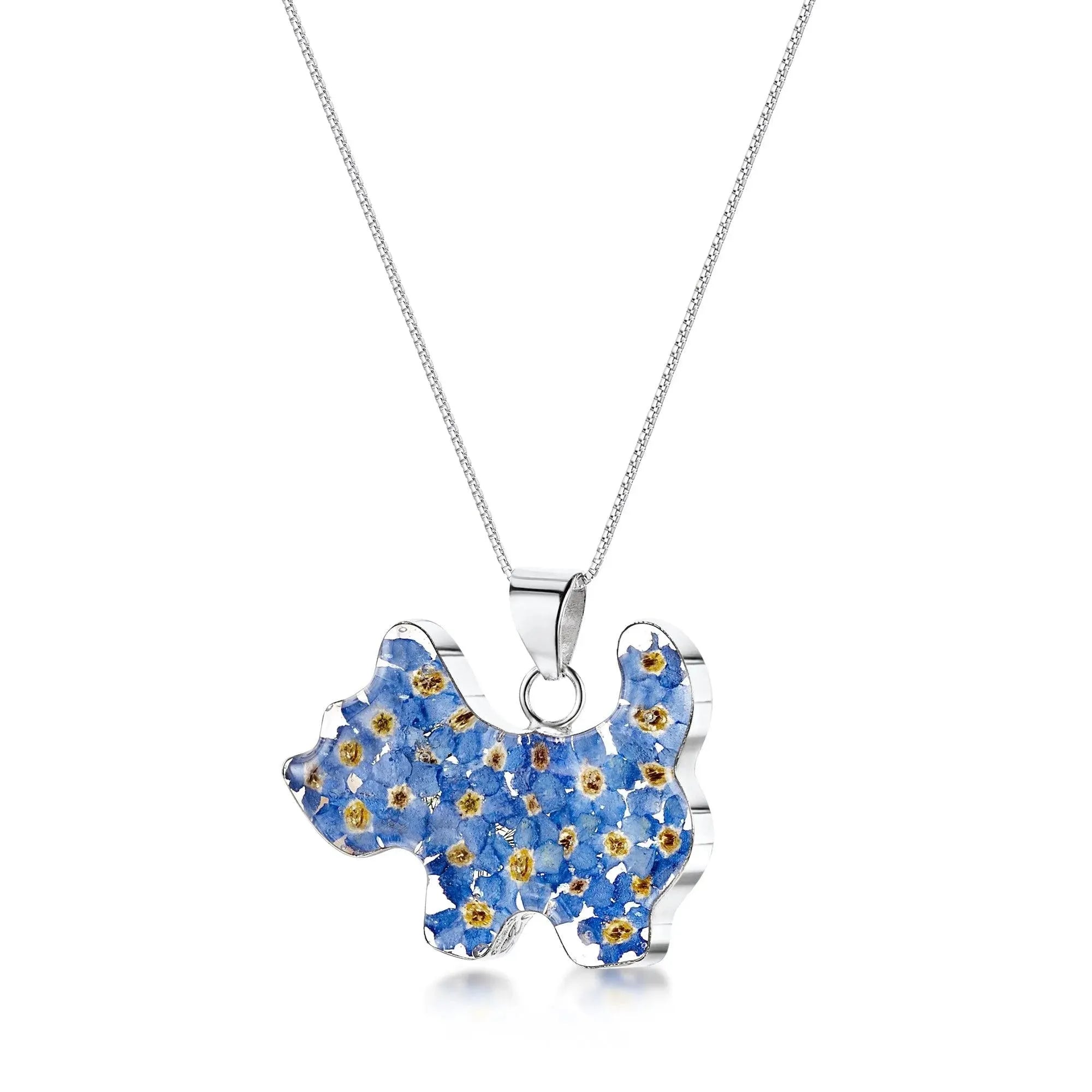 Scotty dog necklace with real flowers by Shrieking Violet® Sterling silver scotty or westie shape pendant full of real forget-me-nots.