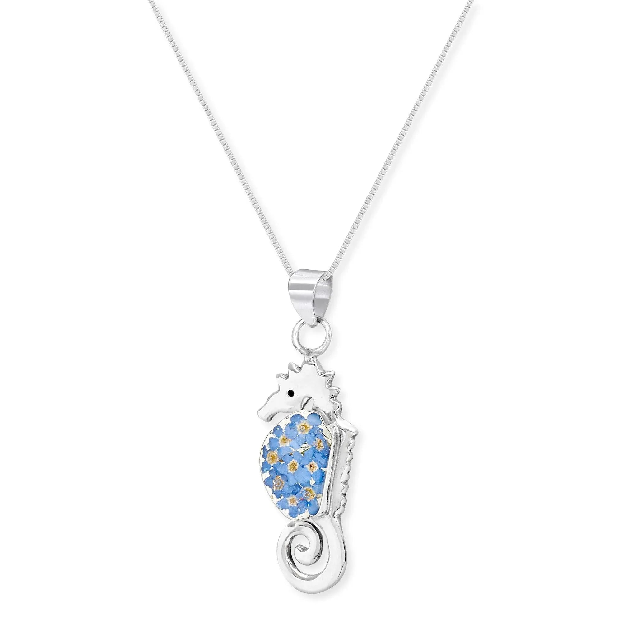 Seahorse necklace by Shrieking Violet® Sterling silver pendant with real forget-me-nots. Ideal gift for diver or maritime lover.
