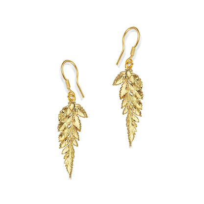 Brincos de folha de samambaia real banhados a ouro - joias feitas à mão inspiradas na natureza