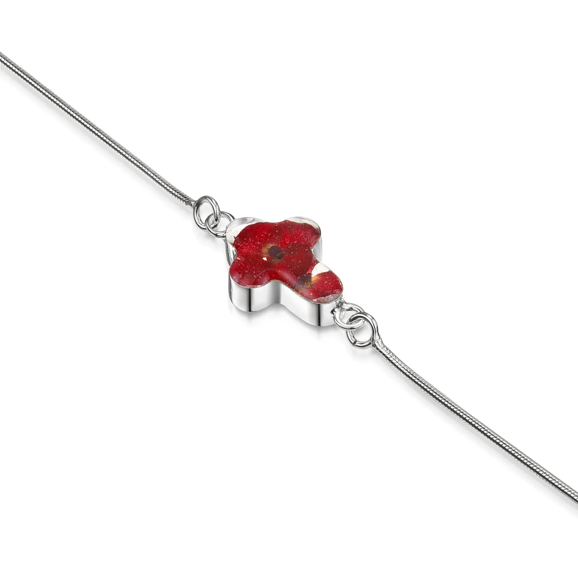 Pulsera de cruz de amapola en plata de ley hecha a mano con flores reales