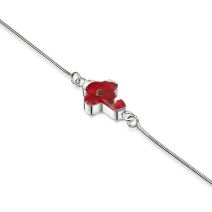 Pulsera de cruz de amapola en plata de ley hecha a mano con flores reales