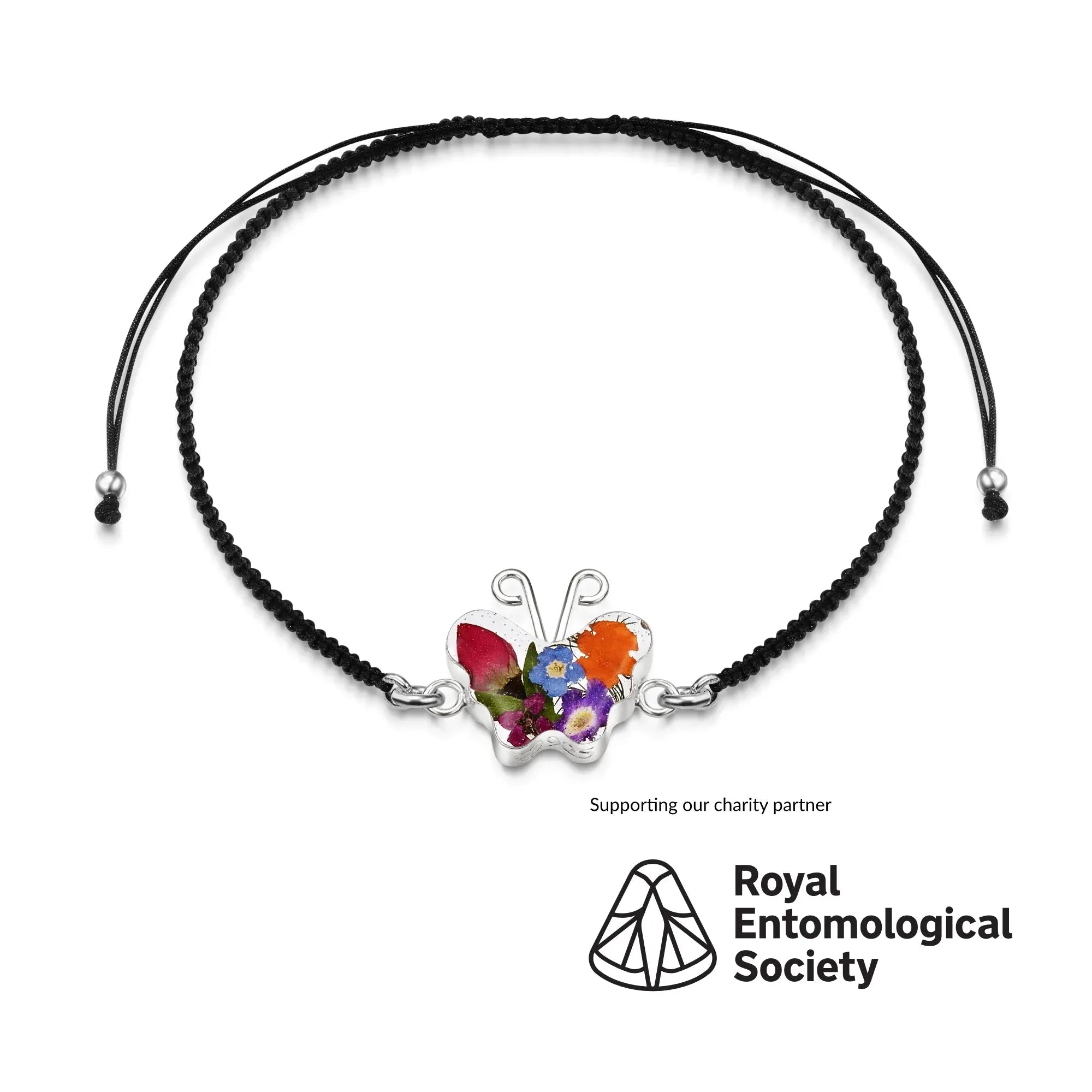 Pulseira de prata esterlina preta com pingente de flor - Mista - Borboleta