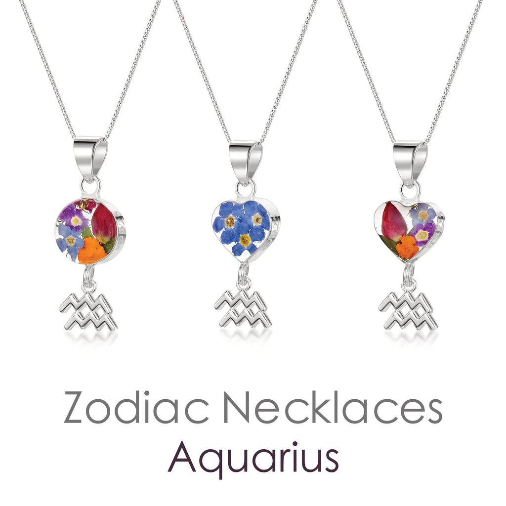 Aquarius Necklace - Sterling silver pendant with real flowers & a zodiac charm. More Options...