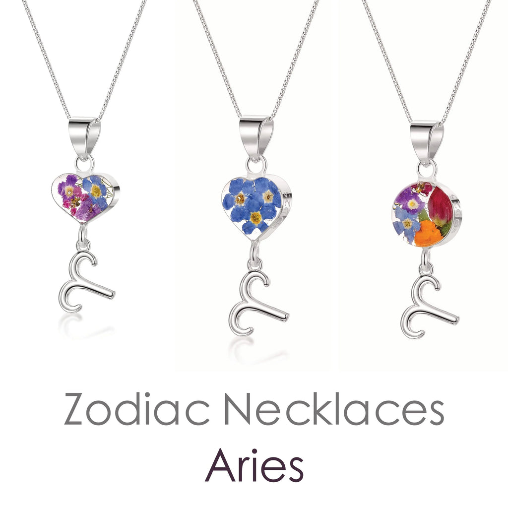 Aries Necklace - Sterling silver pendant with real flowers & a zodiac charm. More Options...