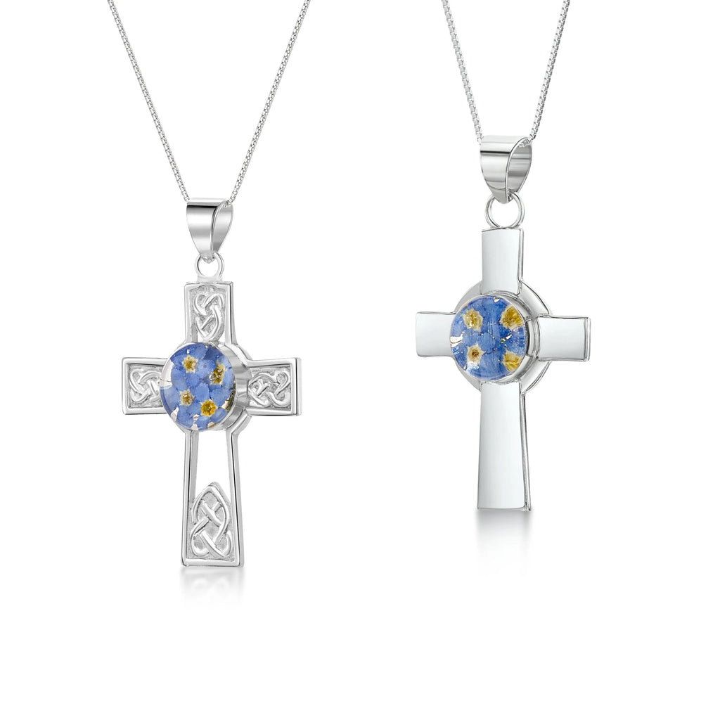 Celtic cross necklace by Shrieking Violet® Sterling silver chain & cross pendant with real forget-me-nots. Perfect Mothers day or bridesmaids gift.