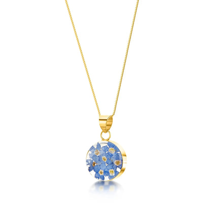 Collier myosotis par Shrieking Violet® Pendentif rond en argent sterling avec de vrais myosotis. Parfait pour la fête des Mères ou les bijoux de demoiselle d'honneur.
