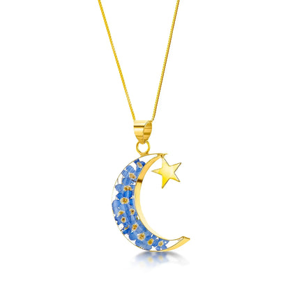 Colar de lua e estrela - Pingente de prata esterlina com verdadeiras miosótis