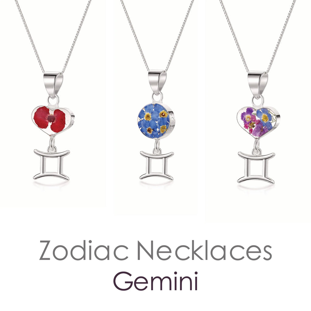 Gemini Necklace - Sterling silver pendant with real flowers & a zodiac charm. More Options...