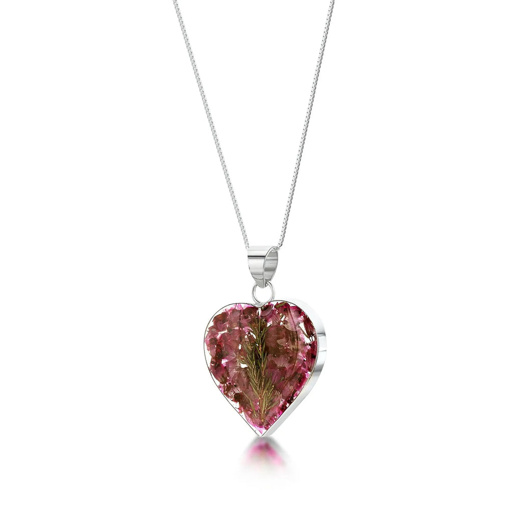 Handmade Sterling Silver Medium Heart Heather Pendant | Unique Floral Design