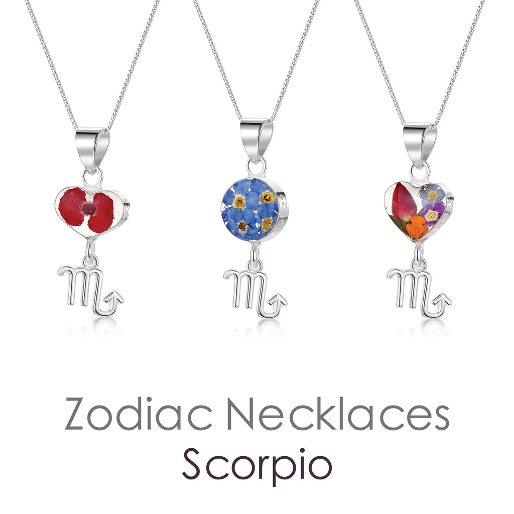 Scorpio Necklace - Sterling silver pendant with real flowers & a zodiac charm. More Options...