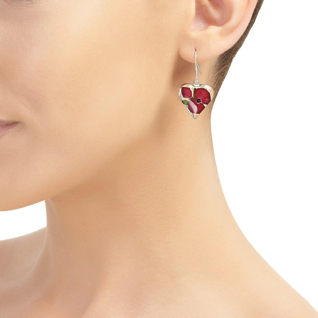 Silver Drop Earrings - Poppy/Rose - Heart