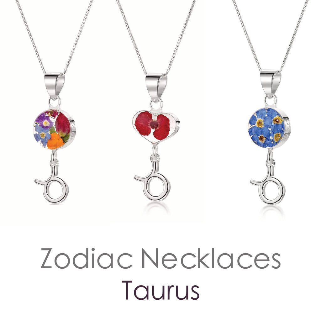 Taurus Necklace - Sterling silver pendant with real flowers & a zodiac charm. More Options...