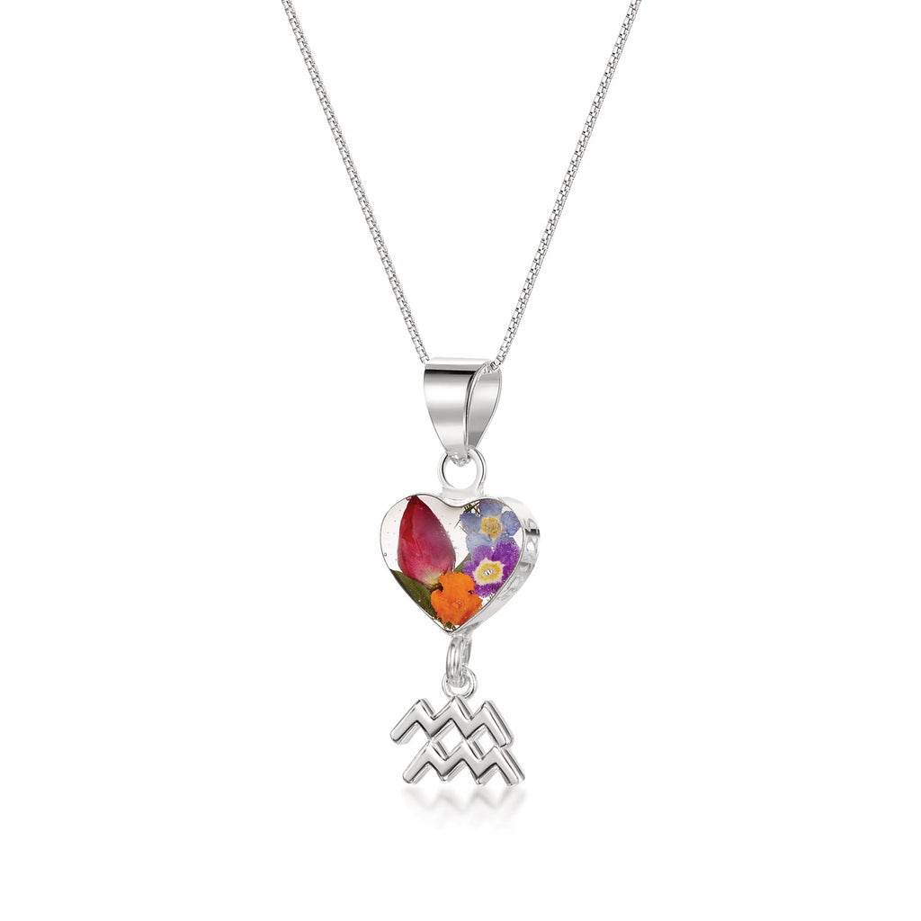 Aquarius Necklace - Sterling silver pendant with real flowers & a zodiac charm. More Options...