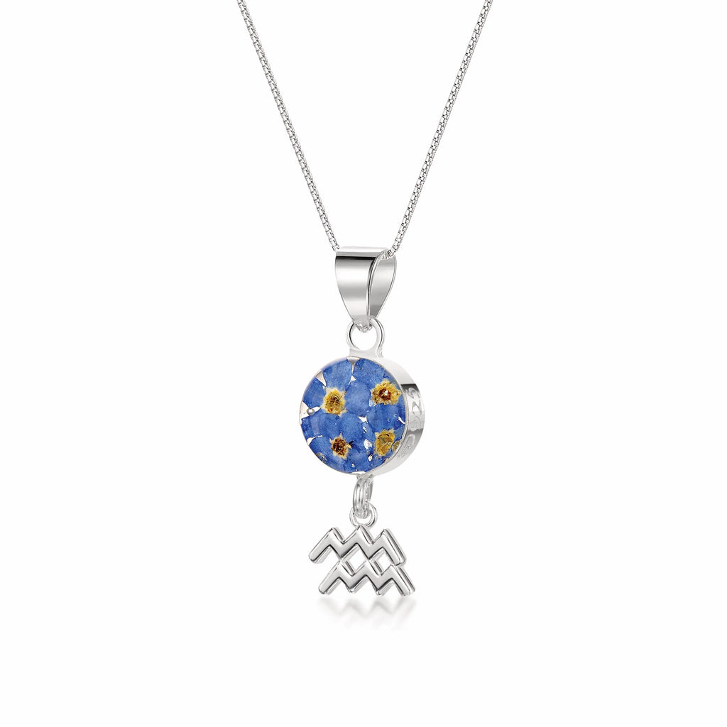 Aquarius Necklace - Sterling silver pendant with real flowers & a zodiac charm. More Options...