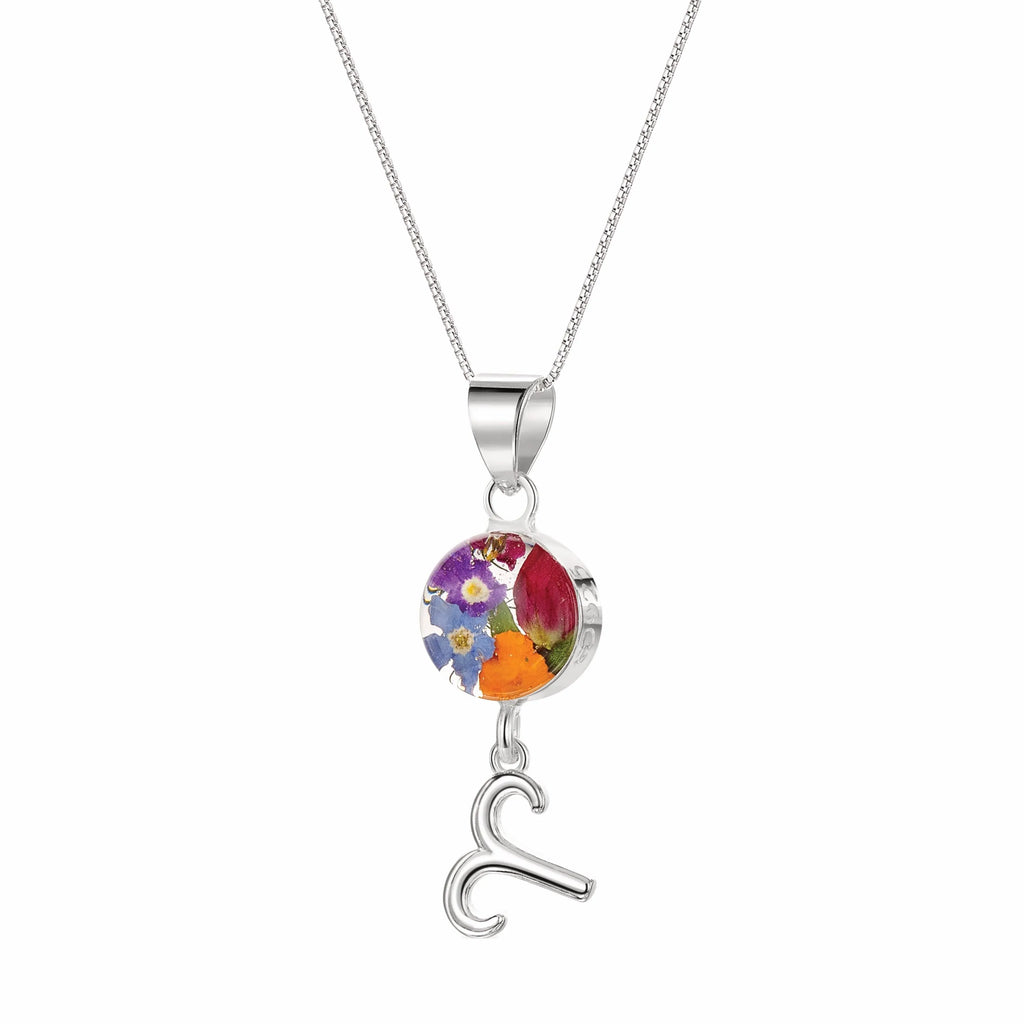 Aries Necklace - Sterling silver pendant with real flowers & a zodiac charm. More Options...