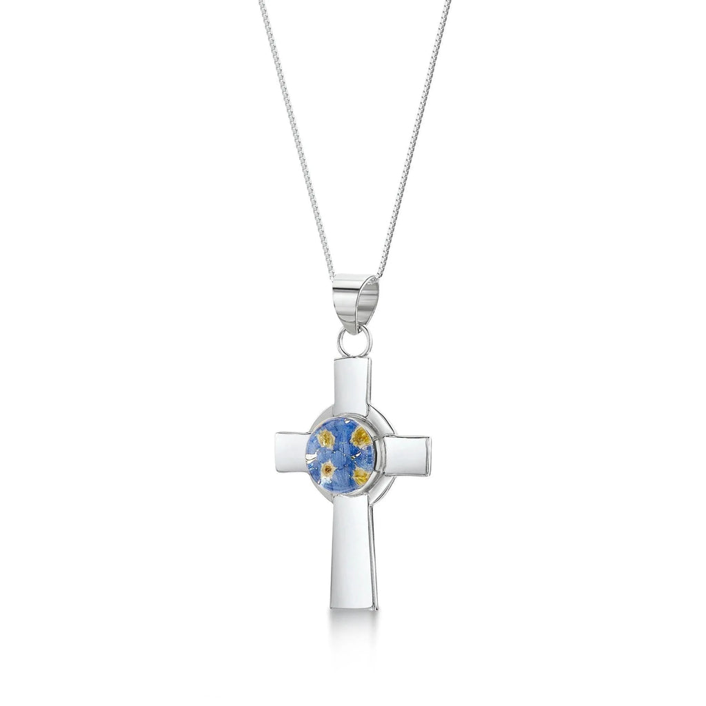 Celtic cross necklace by Shrieking Violet® Sterling silver chain & cross pendant with real forget-me-nots. Perfect Mothers day or bridesmaids gift.