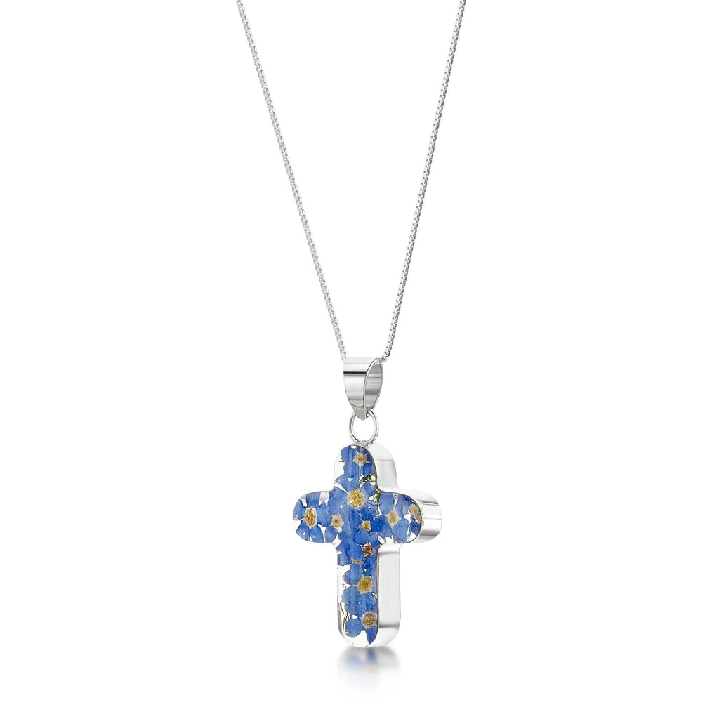 Cross necklace by Shrieking Violet® Sterling silver pendant with real forget-me-nots.