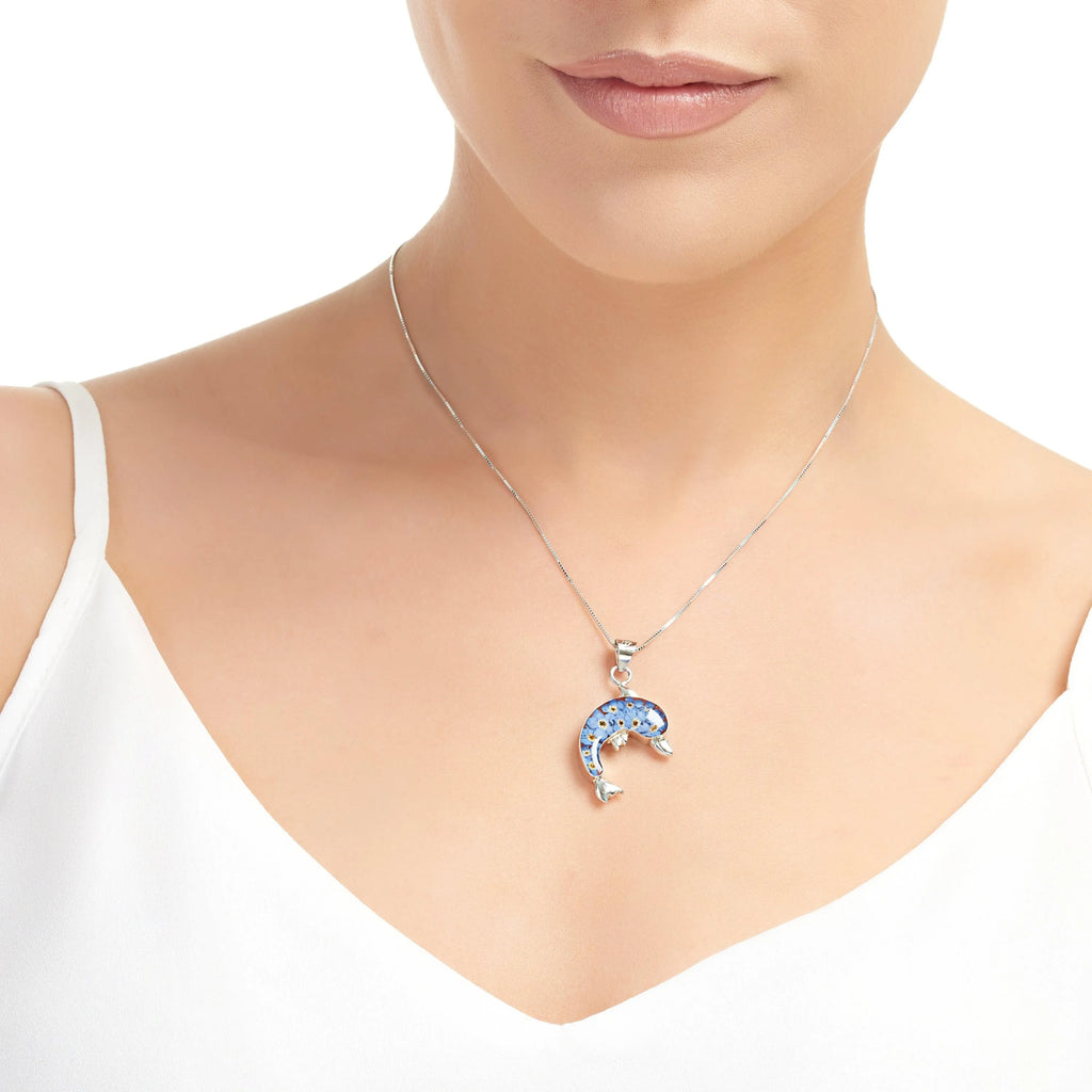 Dolphin necklace by Shrieking Violet® Sterling silver dolphin pendant full of real forget-me-nots