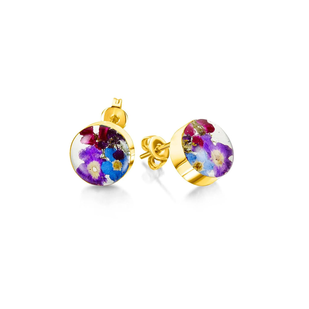 Flower earrings by Shrieking Violet® Gold-plated sterling silver round studs with real flowers. Mothers day, Grandmothers birthday, ladies gift