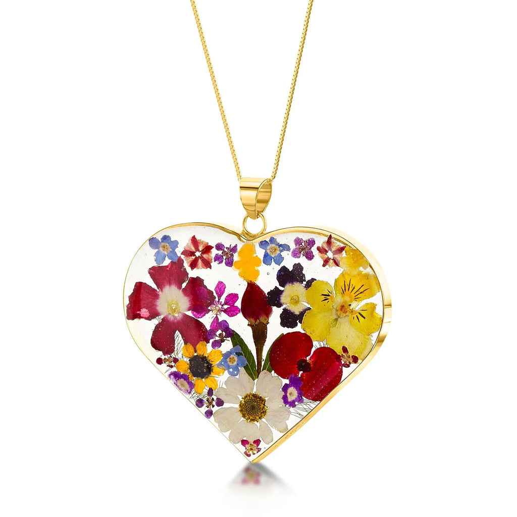 Flower jewellery by Shrieking Violet® Gold-plated sterling silver heart pendant necklace with real flowers. Floral jewellery for mehndi