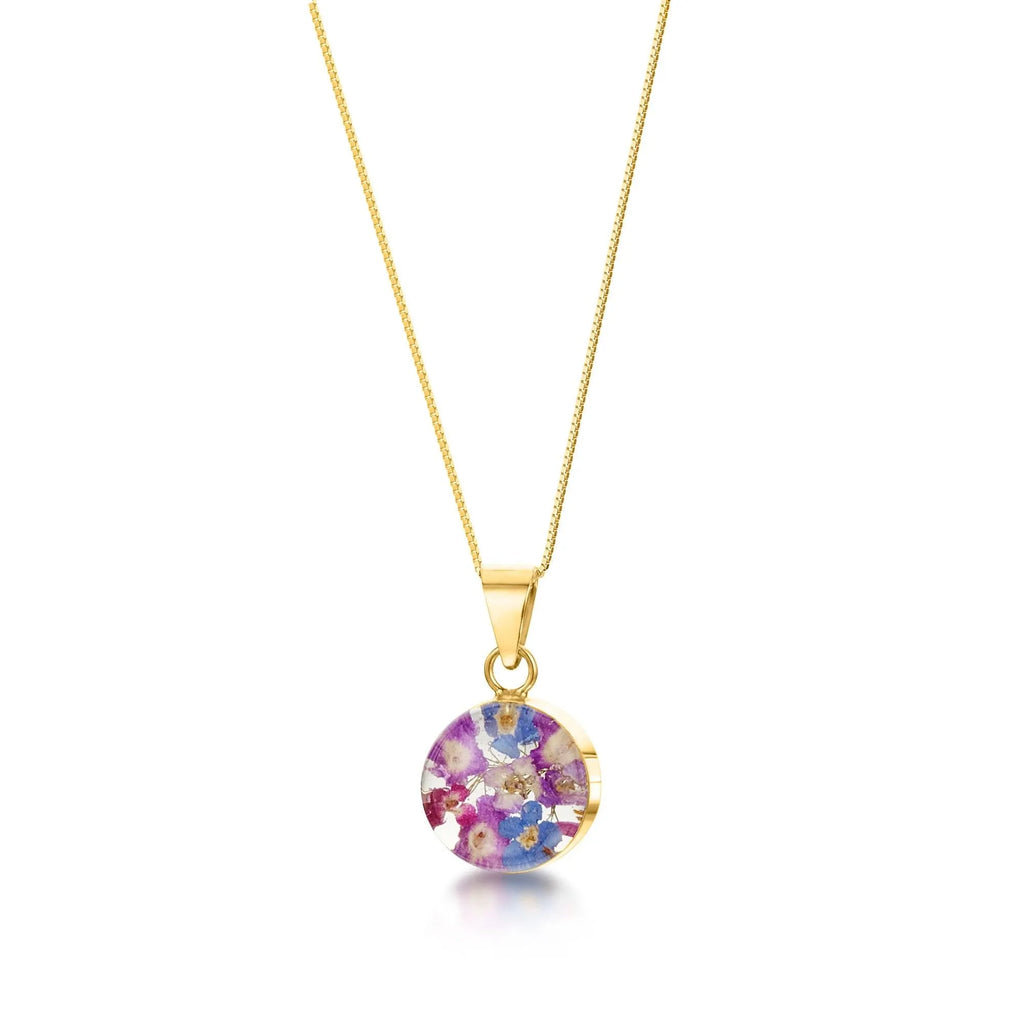 Flower jewellery by Shrieking Violet® Gold-plated sterling silver round pendant necklace with violets & forget me nots. Gift for girlfriend or wife