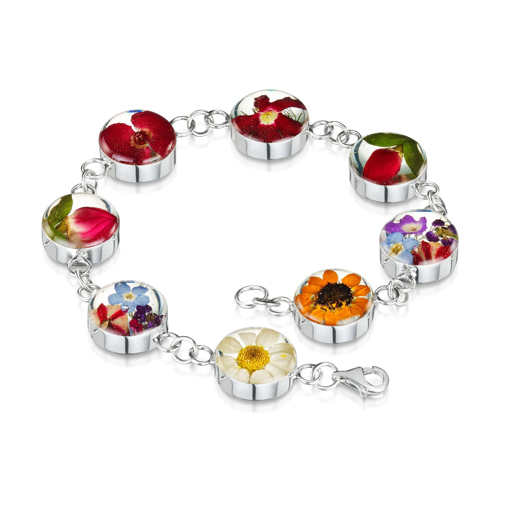 Flower jewellery by Shrieking Violet® Sterling silver round link bracelet handmade with real daisy, poppy, sunflower, rose. Ideal gift for mum or nan