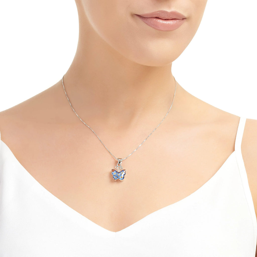 Forget-Me-Not Butterfly Sterling Silver Pendant Necklace - Real Flower Charm