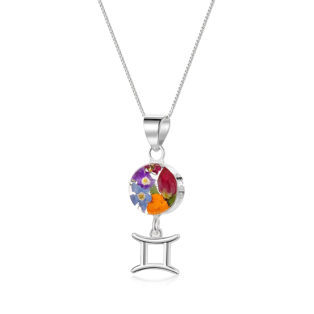 Gemini Necklace - Sterling silver pendant with real flowers & a zodiac charm. More Options...