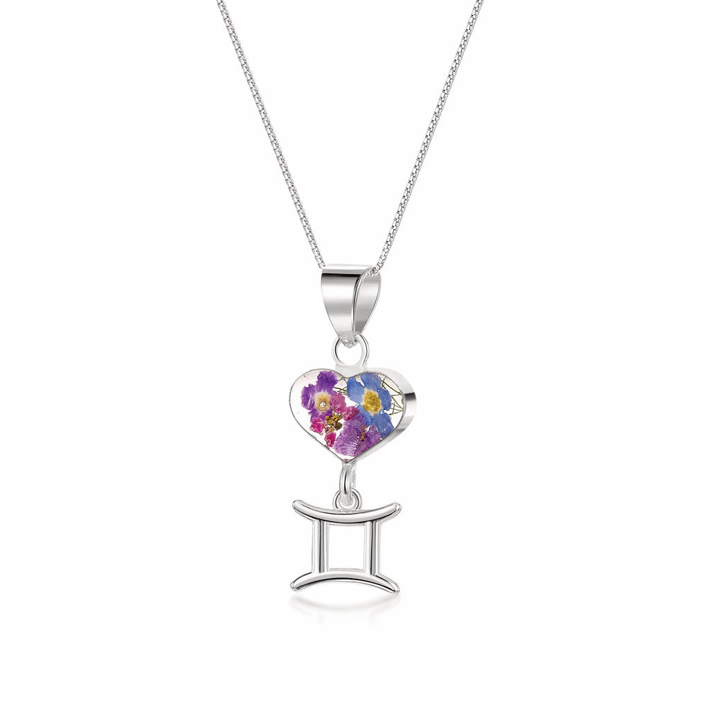 Gemini Necklace - Sterling silver pendant with real flowers & a zodiac charm. More Options...