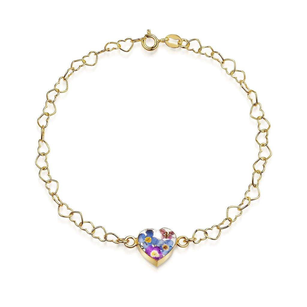 Gold plated Heart linked chain bracelet with flower charm - Purple Haze - Heart