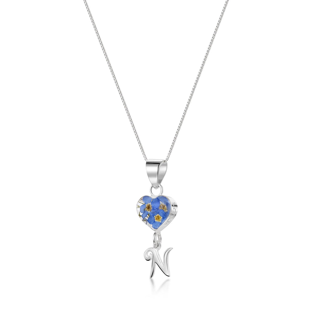 Handmade Sterling Silver Forget-Me-Not Pendant Necklaces with Initial Charm & forget me nots