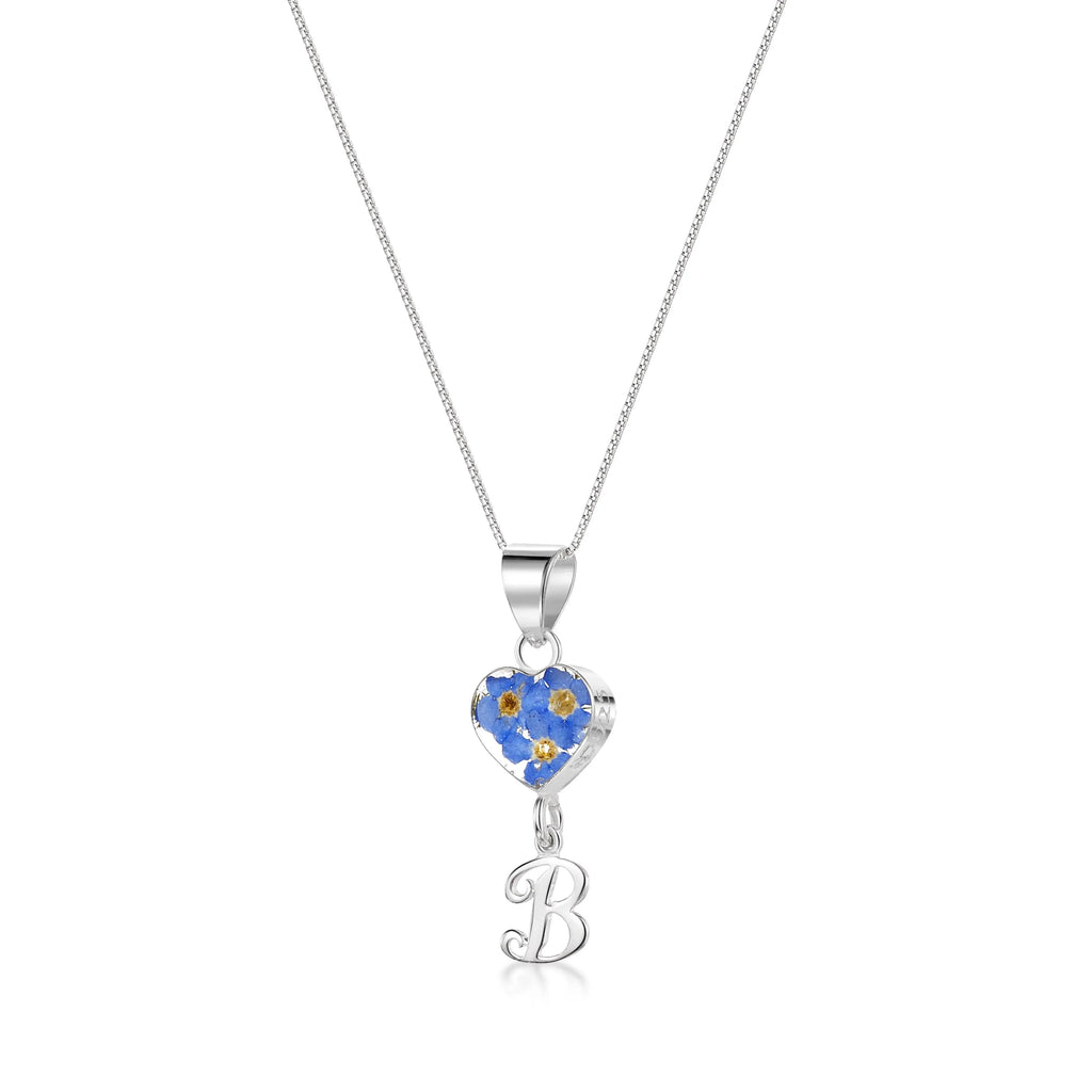 Handmade Sterling Silver Forget-Me-Not Pendant Necklaces with Initial Charm & forget me nots