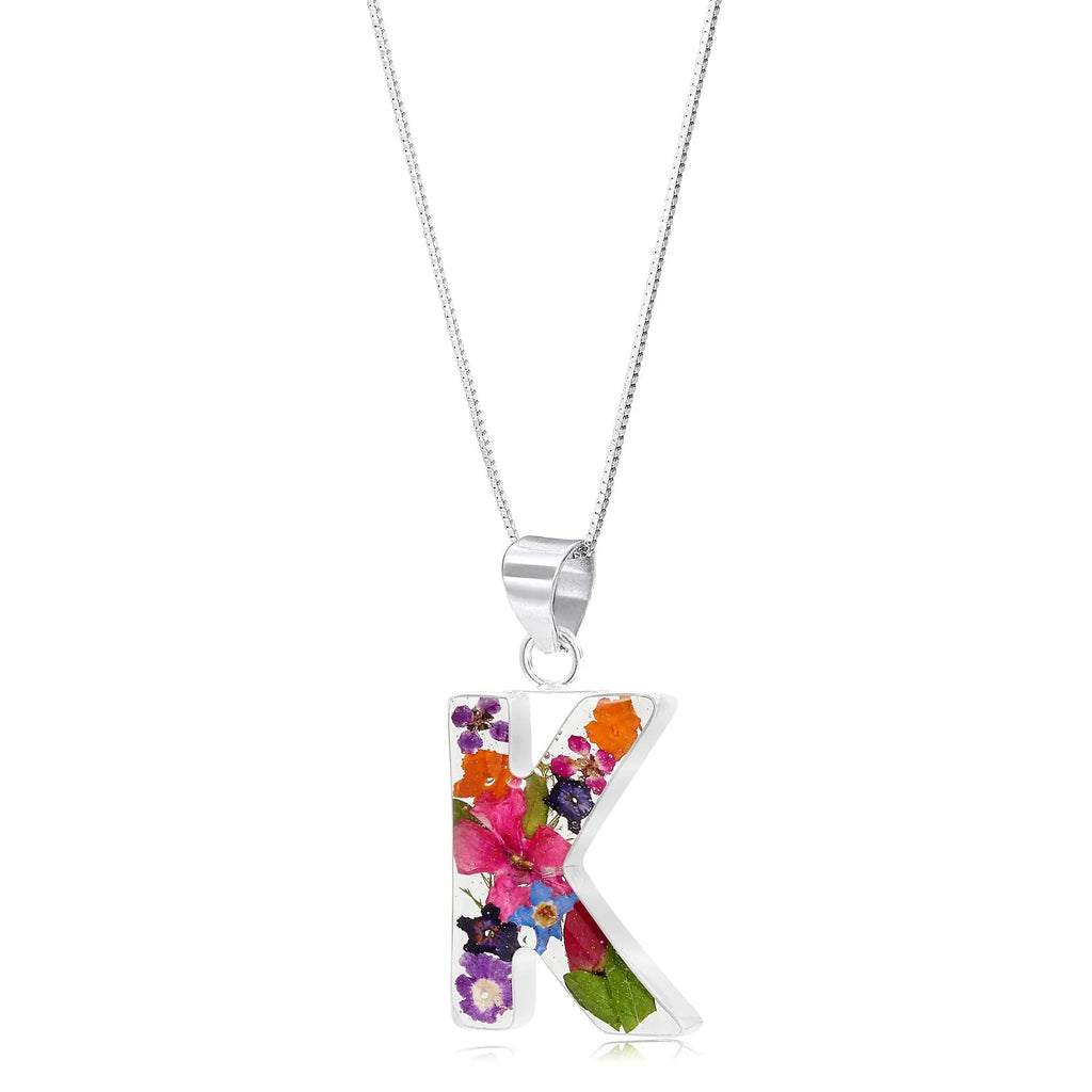 Initial necklace, Sterling silver Letters handmade with real Flowers. Perfect birthday gift