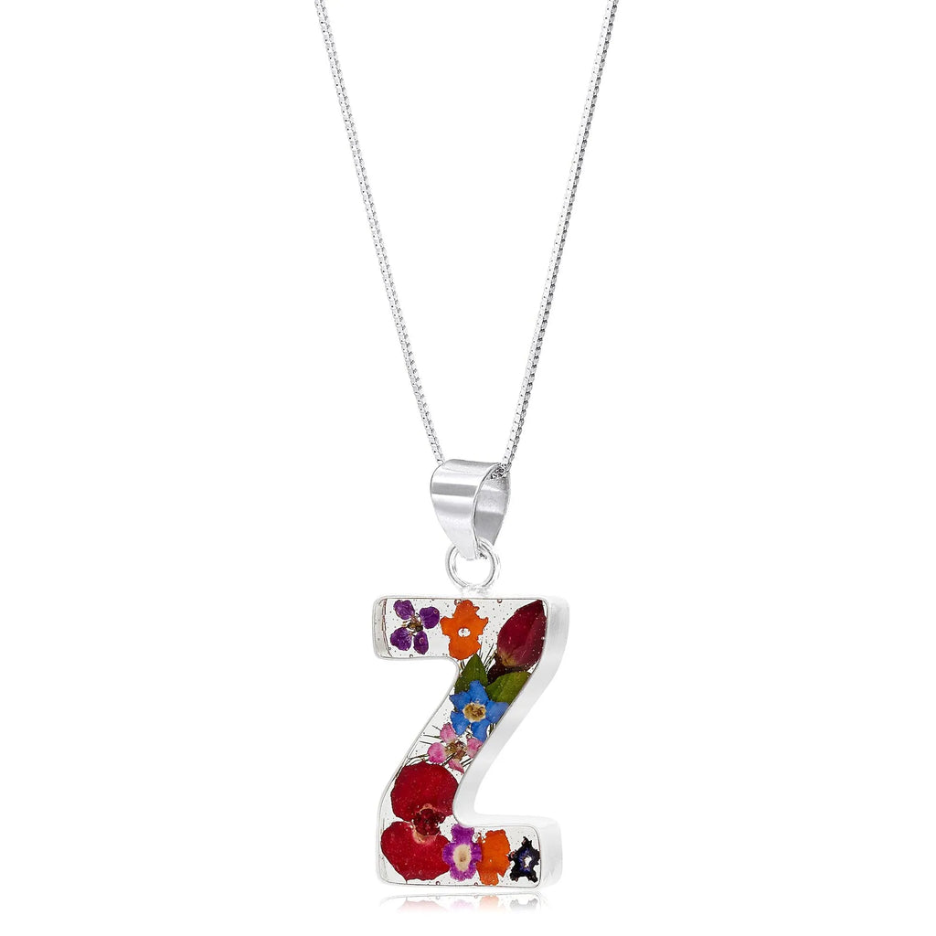 Initial necklace, Sterling silver Letters handmade with real Flowers. Perfect birthday gift