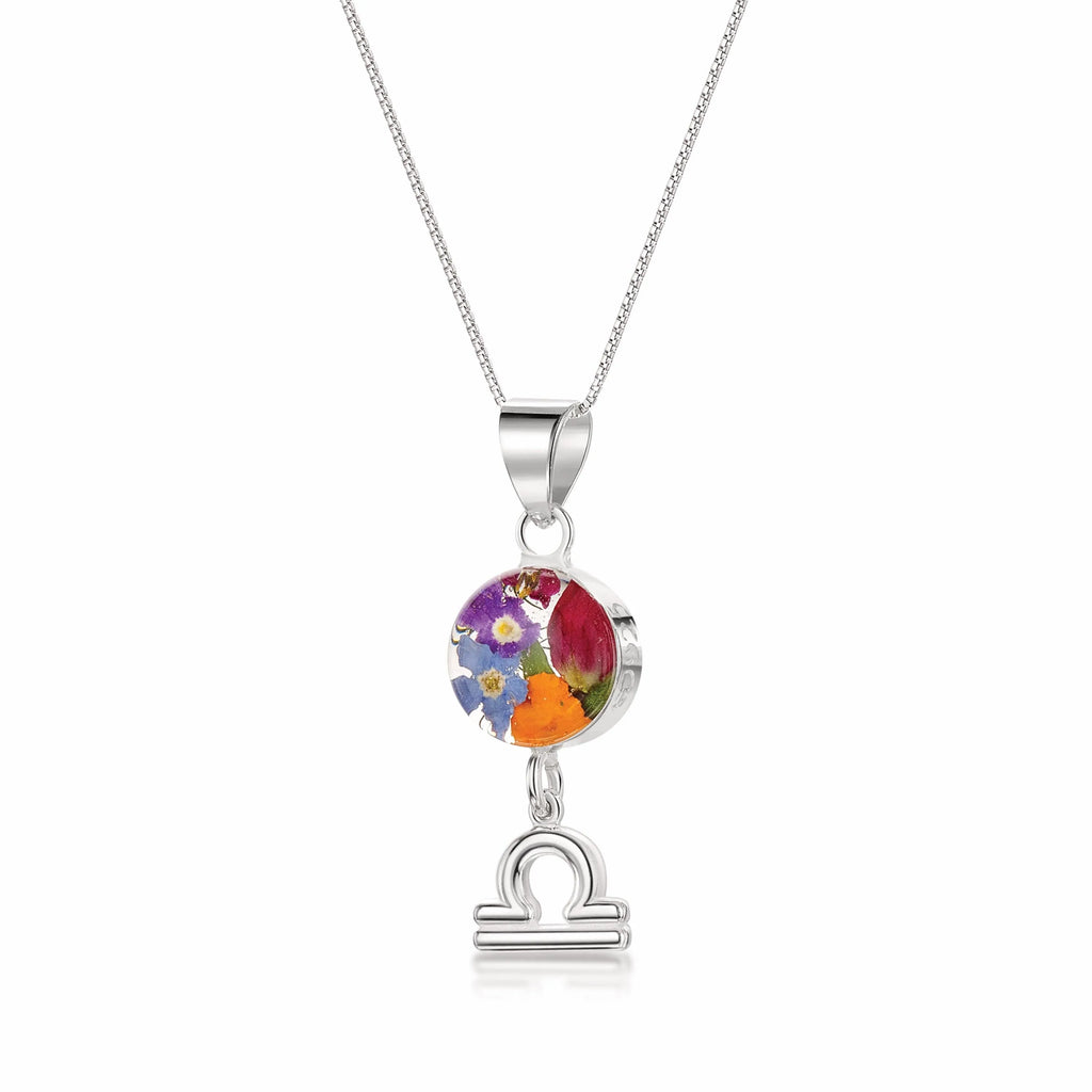 Libra Necklace - Sterling silver pendant with real flowers & a zodiac charm. More Options...