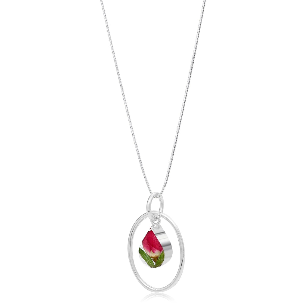 Miniature rose necklace by Shrieking Violet® Sterling silver teardrop pendant with real rose bud & silver oval hoop. Valentines gift