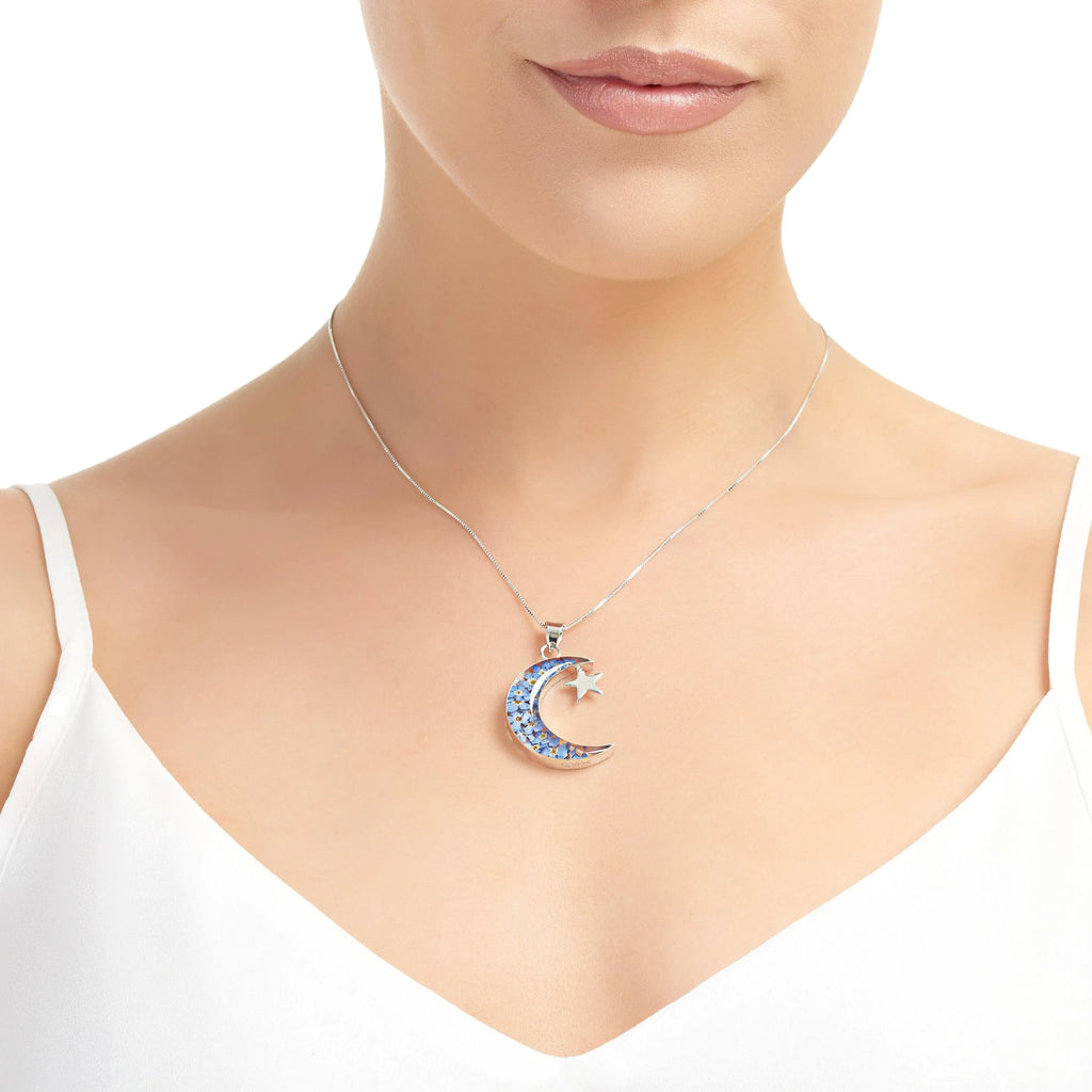 Moon & star necklace by Shrieking Violet® Sterling silver pendant with real forget-me-nots. Handmade jewellery with real flowers.