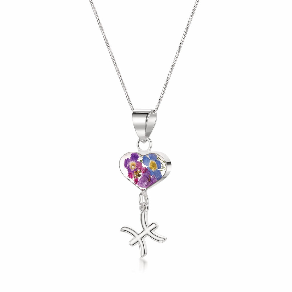 Pisces Necklace - Sterling silver pendant with real flowers & a zodiac charm More Options...