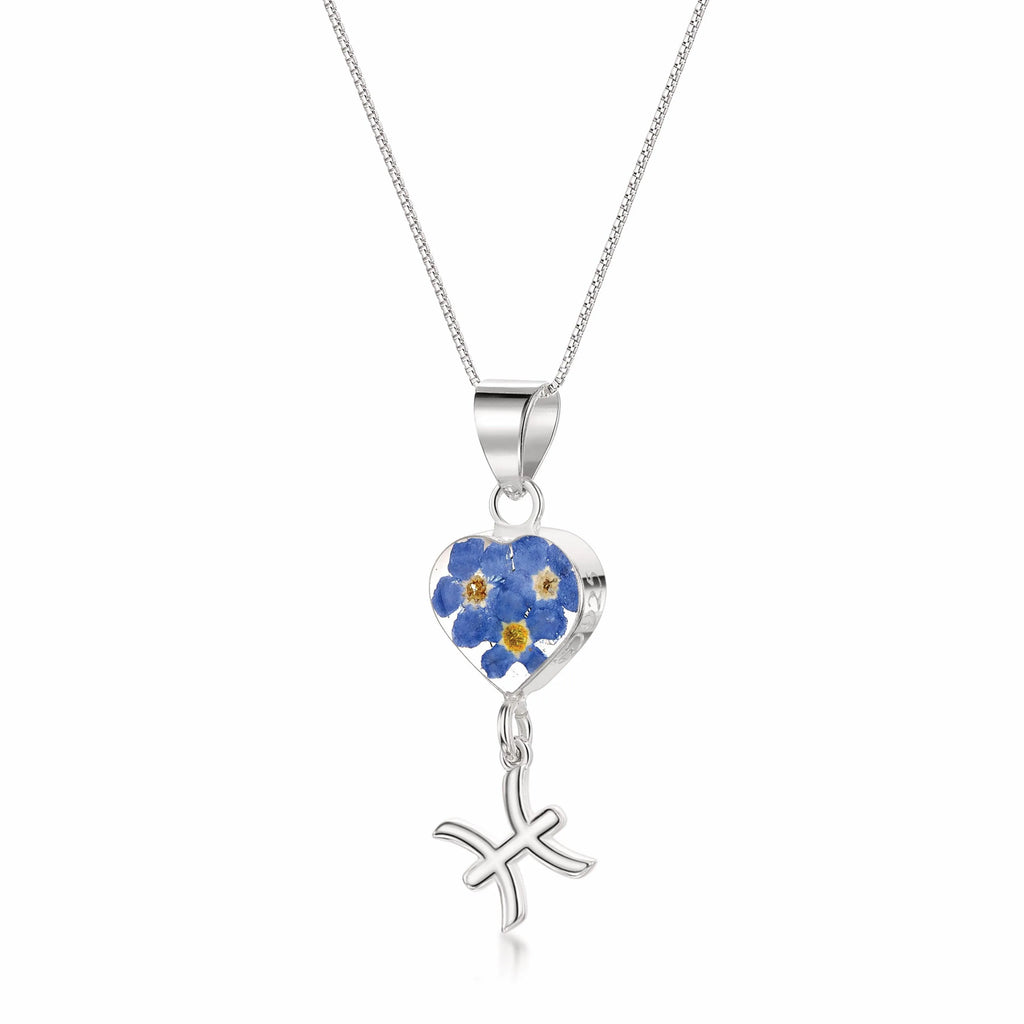 Pisces Necklace - Sterling silver pendant with real flowers & a zodiac charm More Options...