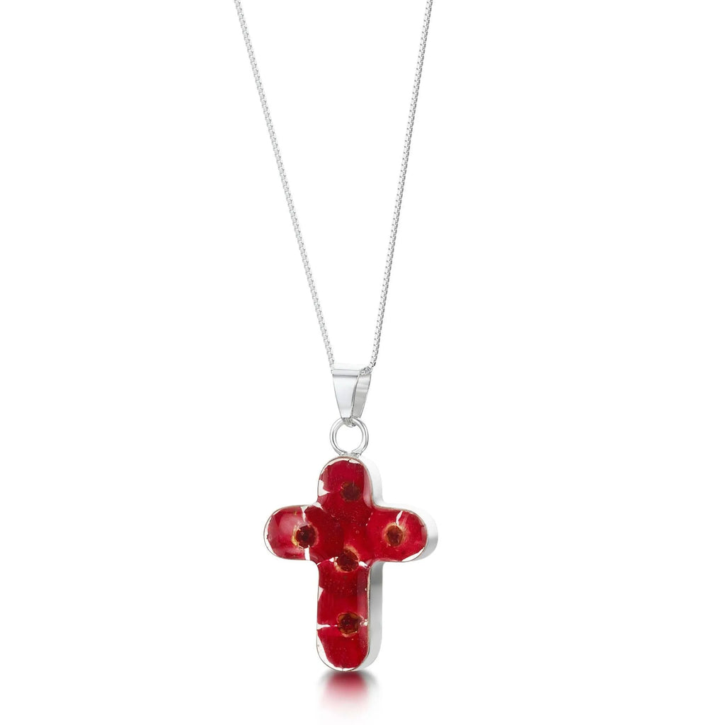 Poppy cross necklace by Shrieking Violet® Sterling silver pendant handmade with real Euphorbia milii flowers. Perfect jewellery gift for Christmas.