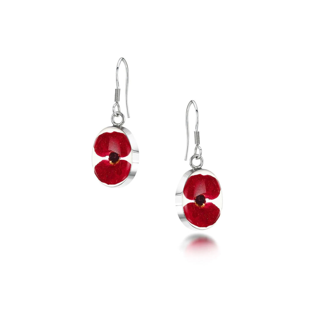 Poppy earrings by Shrieking Violet® Sterling silver drop dangle oval earrings with real flowers. Thoughtful jewellery gift for a special lady